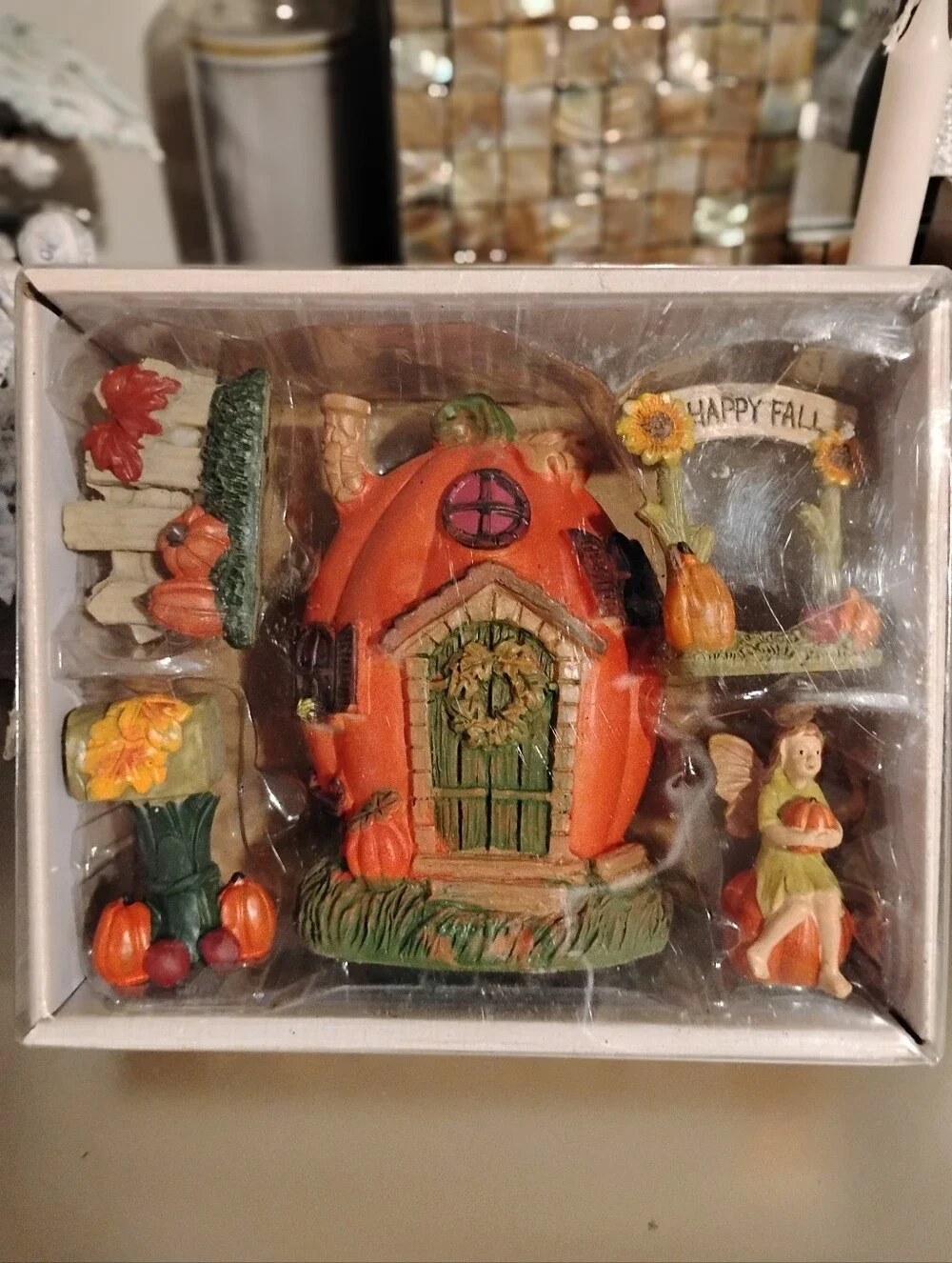 Autumn Pumpkin Fairy House Figurine Set - Orange & Green